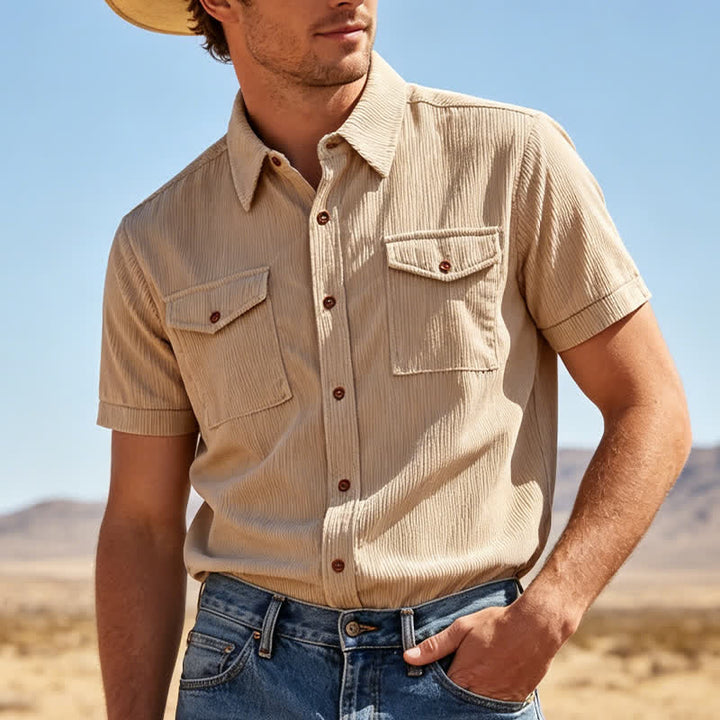 Chemise de travail en velours côtelé pour homme, couleur unie, double poche poitrine - Beige - 3XL - image 0