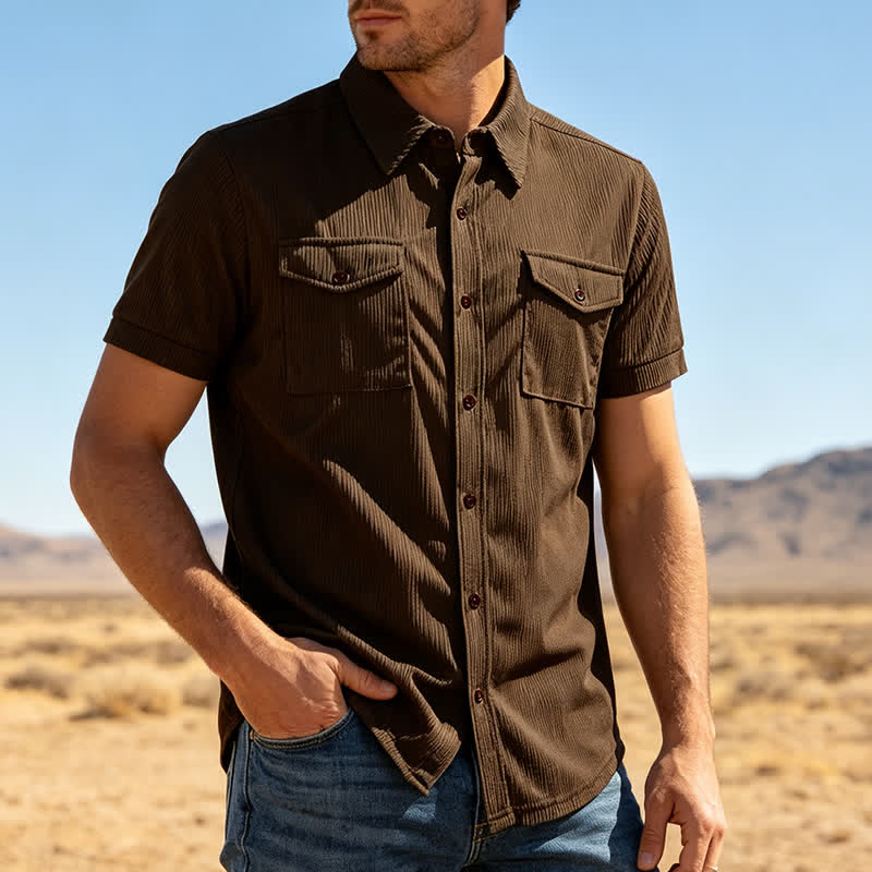 Chemise de travail en velours côtelé pour homme, couleur unie, double poche poitrine - Brun - 3XL - image 6