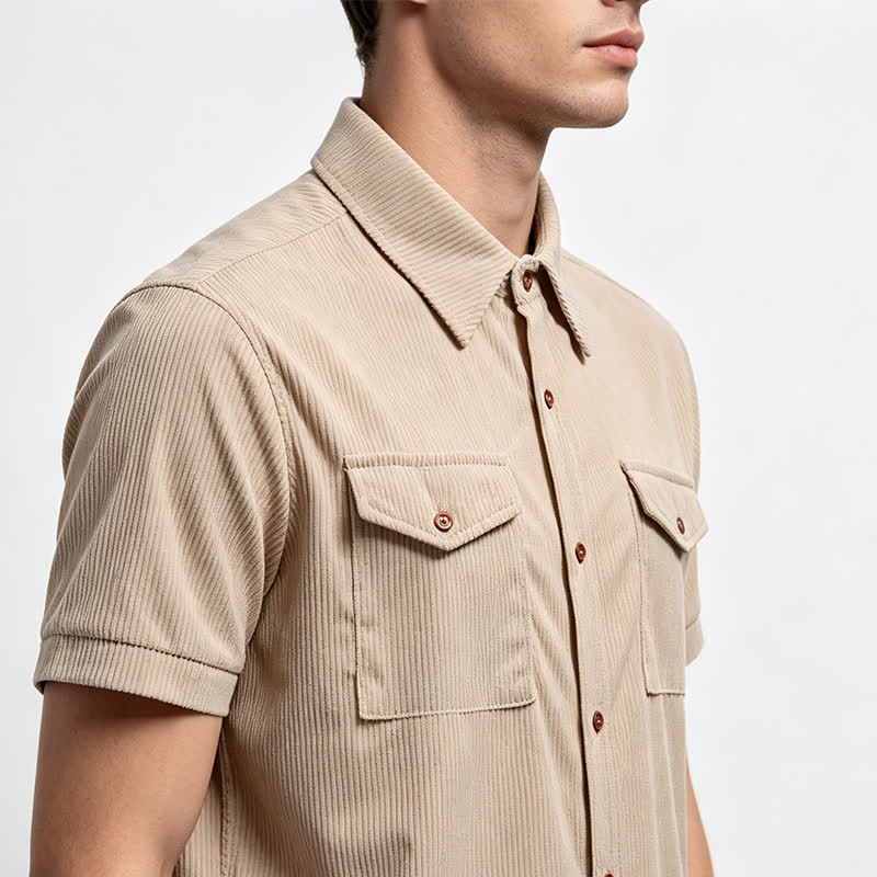Chemise de travail en velours côtelé pour homme, couleur unie, double poche poitrine - image 3