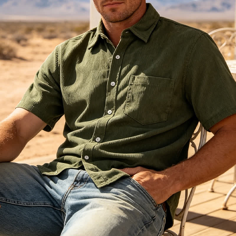 Chemise en velours côtelé à manches courtes pour homme, style décontracté, inspirée des années 90 - Vert armée - 3XL - image 3