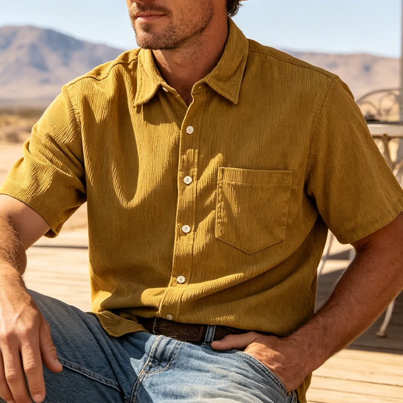 Chemise en velours côtelé à manches courtes pour homme, style décontracté, inspirée des années 90 - Jaune - 3XL - image 4