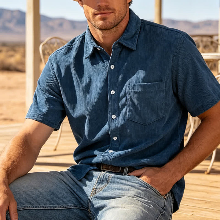 Chemise en velours côtelé à manches courtes pour homme, style décontracté, inspirée des années 90 - Bleu - 3XL - image 0