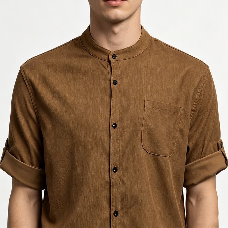 Chemise minimaliste pour homme en velours côtelé à col montant et boutons - image 1