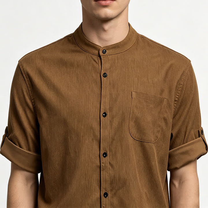 Chemise minimaliste pour homme en velours côtelé à col montant et boutons - image 1
