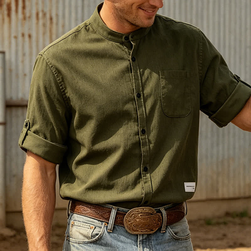 Chemise minimaliste pour homme en velours côtelé à col montant et boutons - Vert armée - 5XL - image 4
