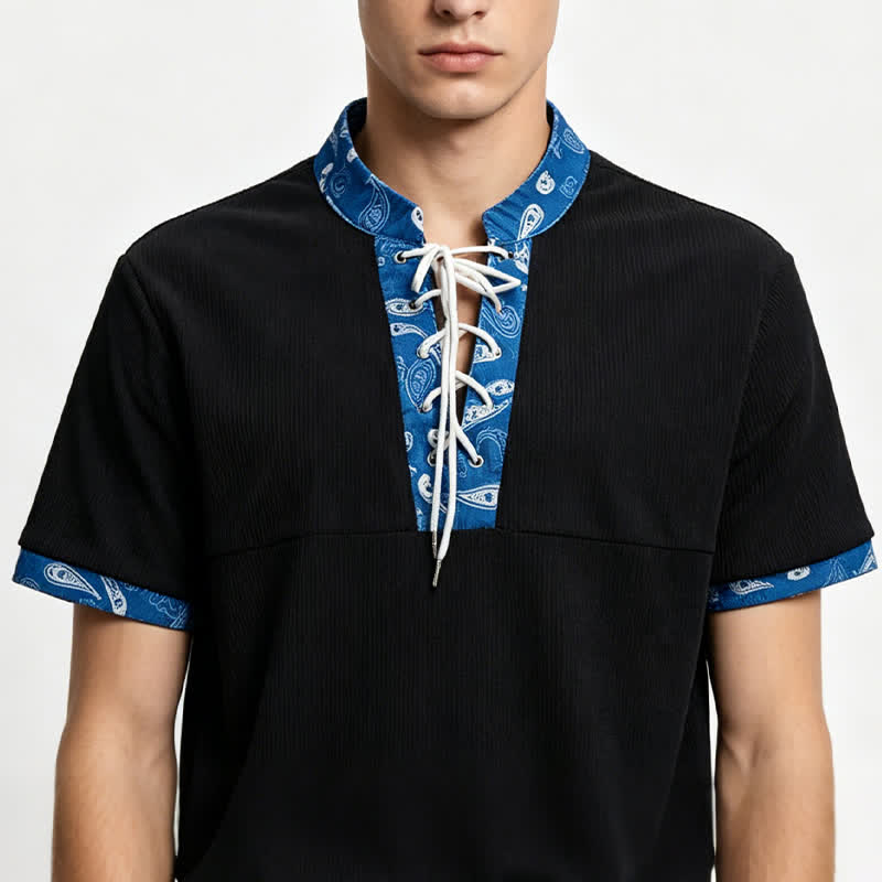 Chemise en velours côtelé à lacets avec bordure cachemire pour homme - image 1