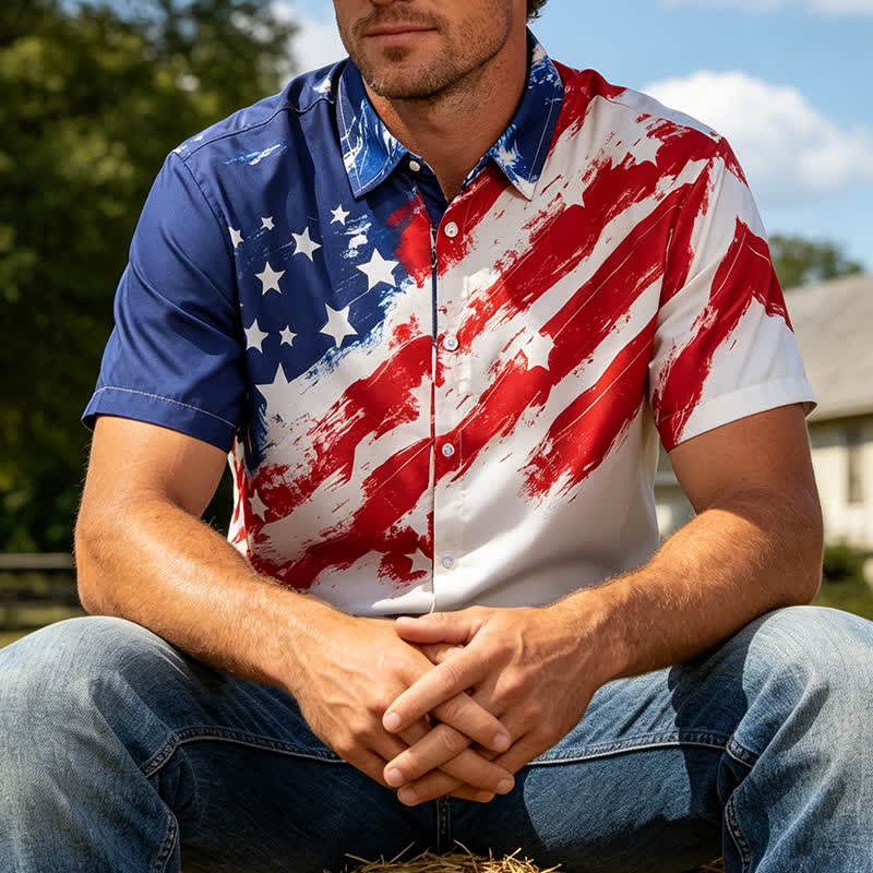 Chemise à manches courtes imprimée de coups de pinceau avec le drapeau américain vintage - Rouge et bleu - 4XL - image 0
