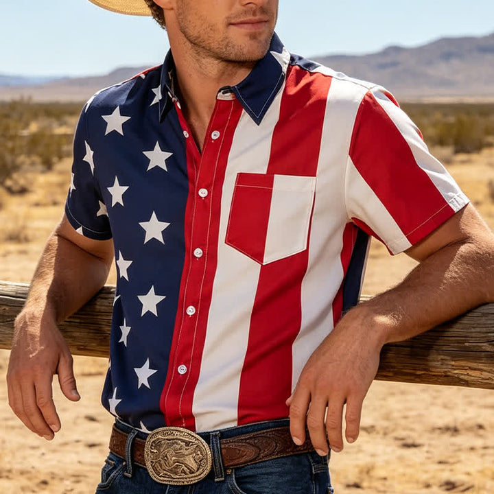 Chemise à manches courtes imprimée drapeau américain divisé, étoiles et rayures - Rouge et bleu - 4XL - image 0