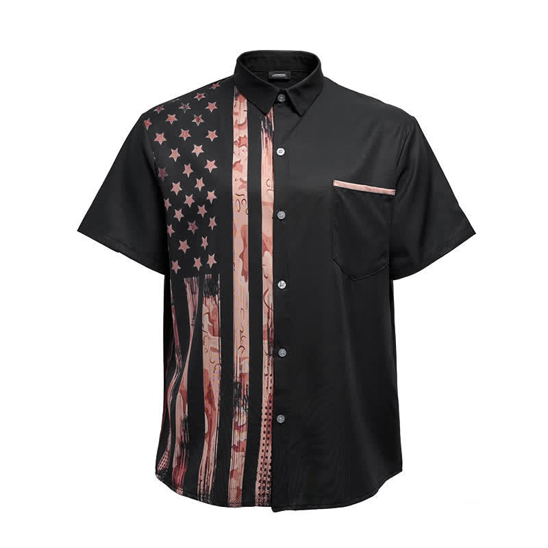 Chemise à manches courtes rétro noire et beige à motif drapeau américain vieilli - image 10