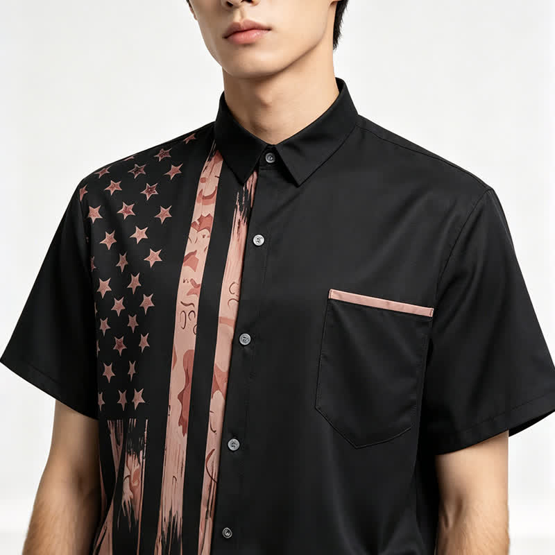 Chemise à manches courtes rétro noire et beige à motif drapeau américain vieilli - image 1