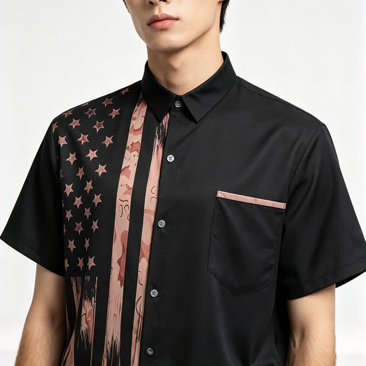 Chemise à manches courtes rétro noire et beige à motif drapeau américain vieilli - image 1