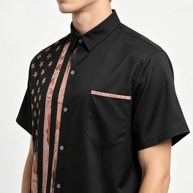 Chemise à manches courtes rétro noire et beige à motif drapeau américain vieilli - image 3