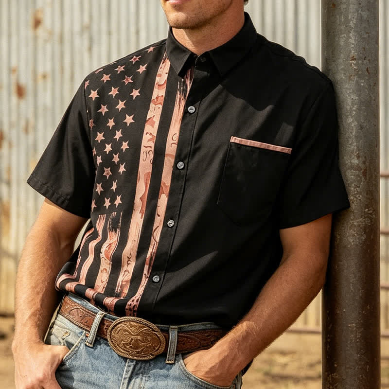 Chemise à manches courtes rétro noire et beige à motif drapeau américain vieilli - Noir - 5XL - image 0