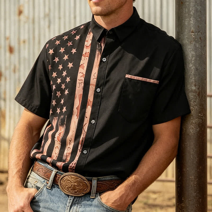 Chemise à manches courtes rétro noire et beige à motif drapeau américain vieilli - Noir - 5XL - image 0