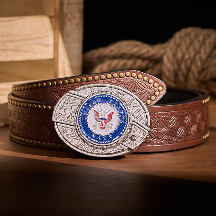 Ceinture en cuir avec boucle de couteau pliant dissimulée à faire soi-même, ornée de l'aigle et de l'ancre de l'US Navy. - Aigle et Ancre - Ceinture à rivets marron - 42 - image 4