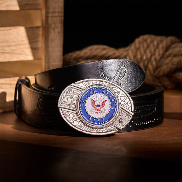 Ceinture en cuir avec boucle de couteau pliant dissimulée à faire soi-même, ornée de l'aigle et de l'ancre de l'US Navy. - Aigle et Ancre - Ceinture noire à motif aigle en relief - 42 - image 2