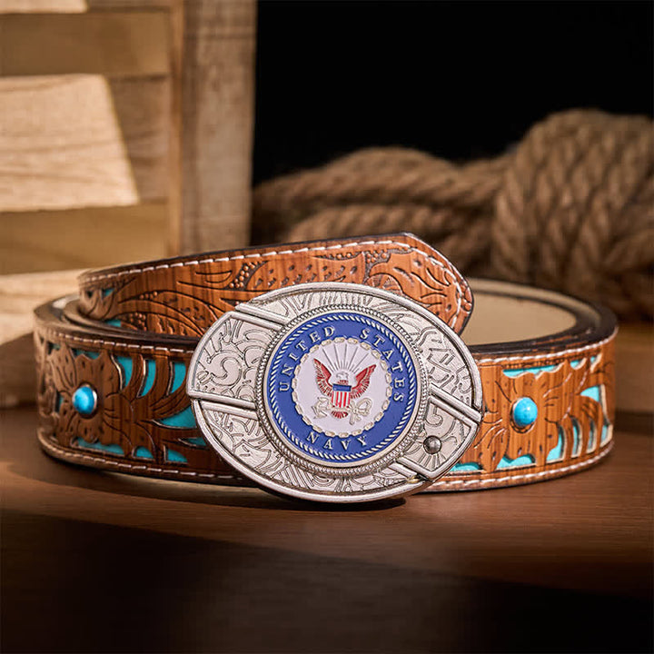 Ceinture en cuir avec boucle de couteau pliant dissimulée à faire soi-même, ornée de l'aigle et de l'ancre de l'US Navy. - Aigle et Ancre - Ceinture turquoise sculptée - 42 - image 3