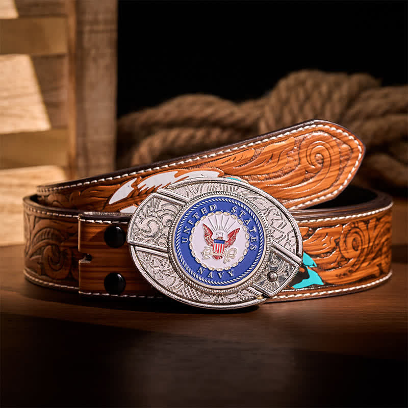 Ceinture en cuir avec boucle de couteau pliant dissimulée à faire soi-même, ornée de l'aigle et de l'ancre de l'US Navy. - Aigle et Ancre - Ceinture de plumes brunes - 40 - image 7