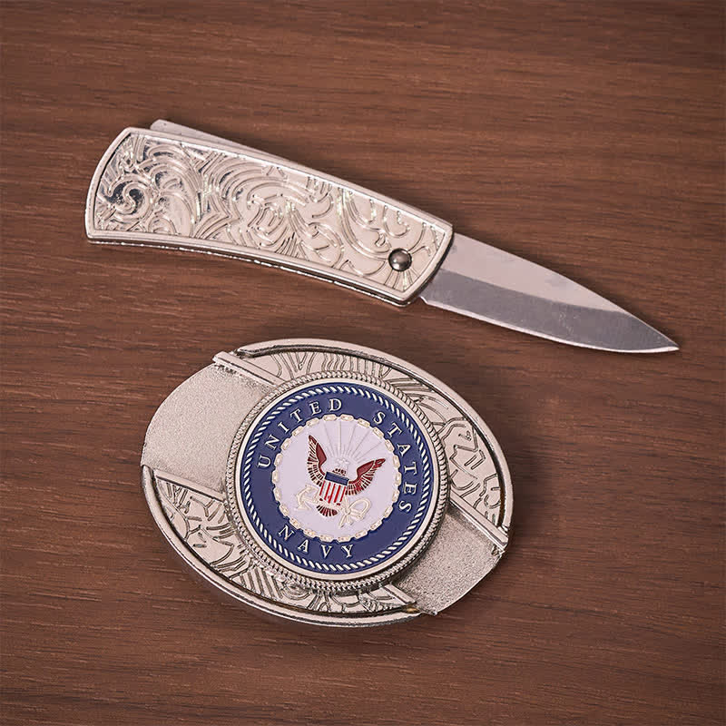 Ceinture en cuir avec boucle de couteau pliant dissimulée à faire soi-même, ornée de l'aigle et de l'ancre de l'US Navy. - image 1
