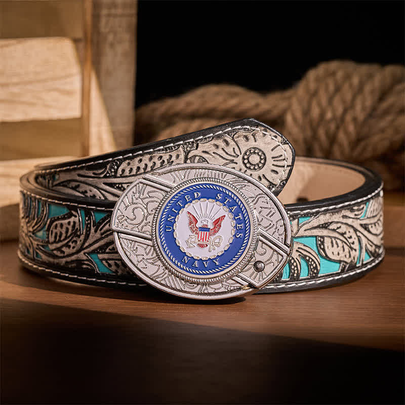 Ceinture en cuir avec boucle de couteau pliant dissimulée à faire soi-même, ornée de l'aigle et de l'ancre de l'US Navy. - Aigle et Ancre - Ceinture à fleurs grises - 42 - image 8
