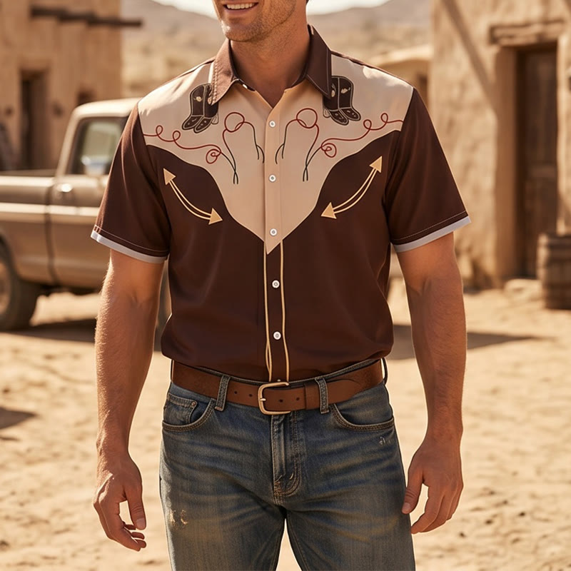 Chemise à manches courtes pour homme avec imprimé bottes de cowboy rétro western - Brun - 5XL - image 0