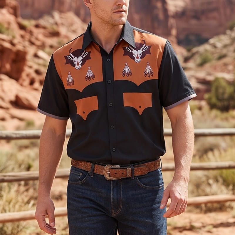 Chemise à manches courtes pour homme avec imprimé tête de chèvre et plumes style western - Noir - 5XL - image 0