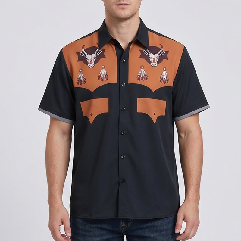 Chemise à manches courtes pour homme avec imprimé tête de chèvre et plumes style western - image 1