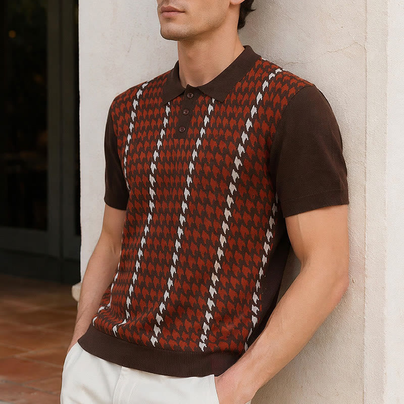 Polo à manches courtes en maille à motif pied-de-poule pour homme - Rouge - 3XL - image 0