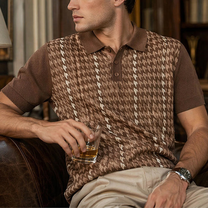 Polo à manches courtes en maille à motif pied-de-poule pour homme - Brun - 3XL - image 4