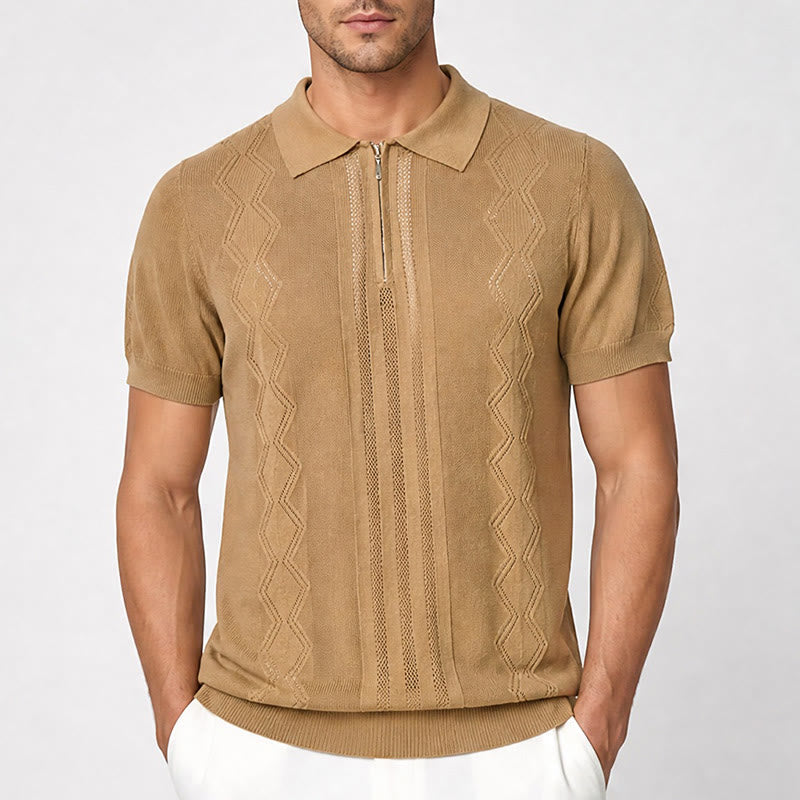 Polo à manches courtes et demi-zip pour homme, en maille géométrique - image 1