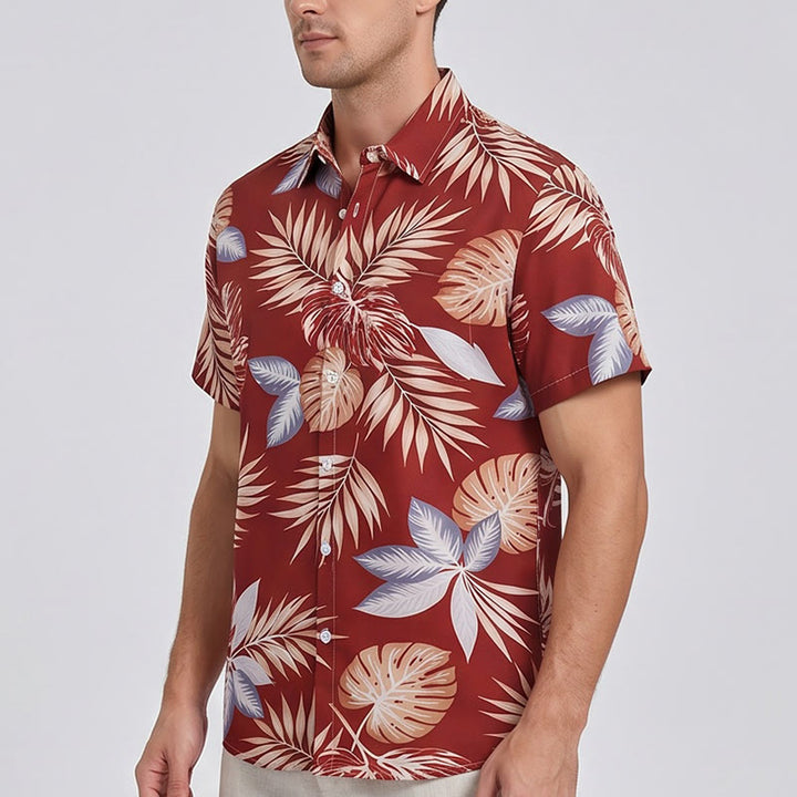 Chemise à manches courtes pour homme, imprimé feuilles tropicales rouges éclatantes, idéale pour les fêtes - image 2