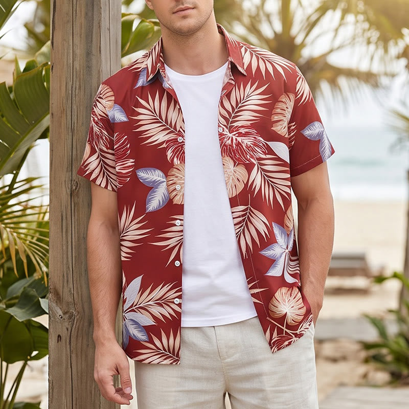Chemise à manches courtes pour homme, imprimé feuilles tropicales rouges éclatantes, idéale pour les fêtes - Rouge - 4XL - image 0
