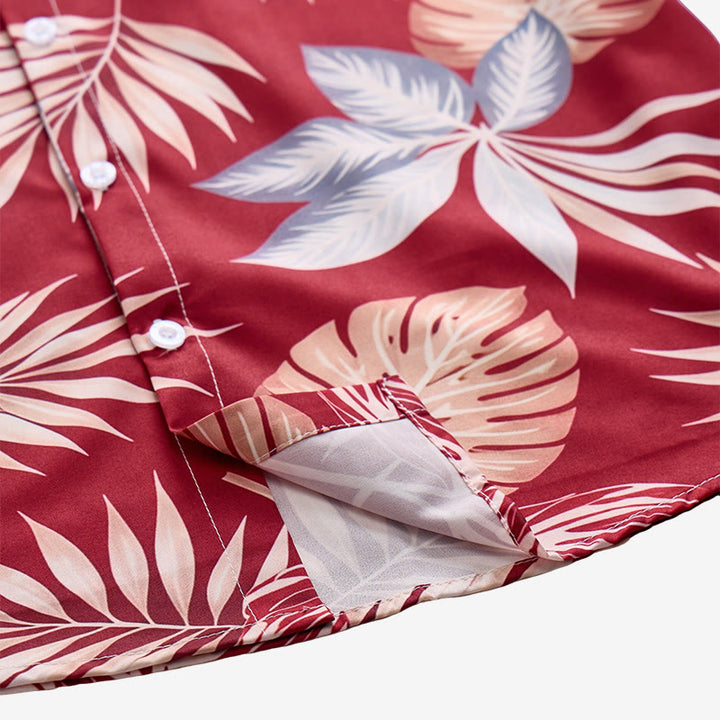 Chemise à manches courtes pour homme, imprimé feuilles tropicales rouges éclatantes, idéale pour les fêtes - image 7