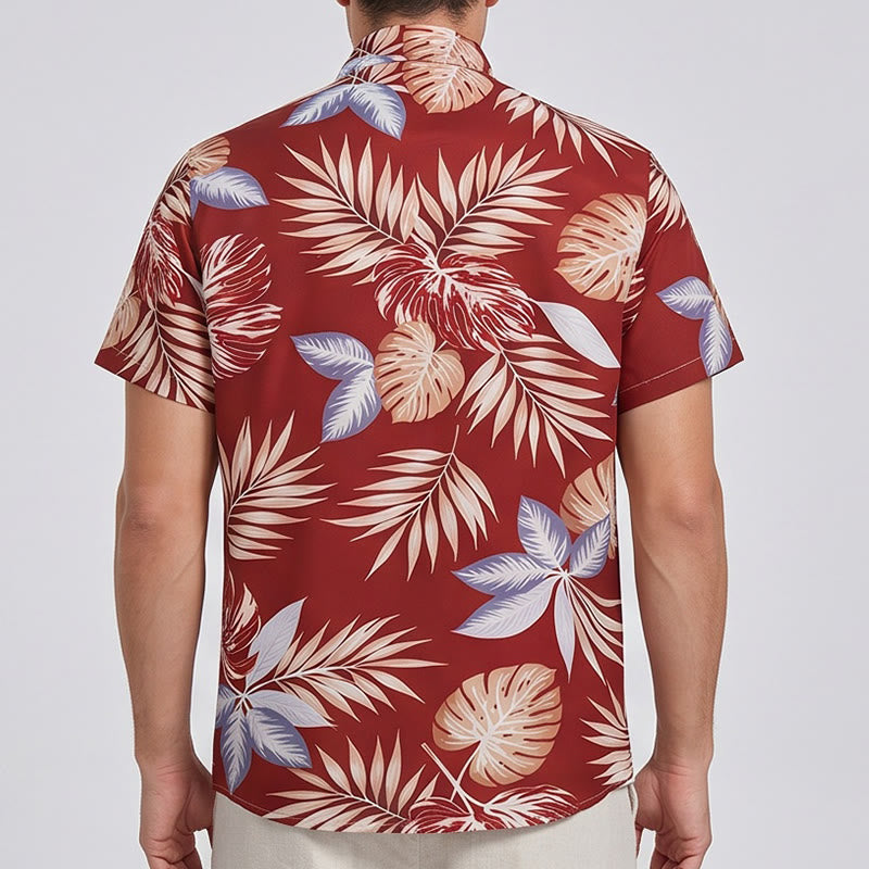 Chemise à manches courtes pour homme, imprimé feuilles tropicales rouges éclatantes, idéale pour les fêtes - image 3