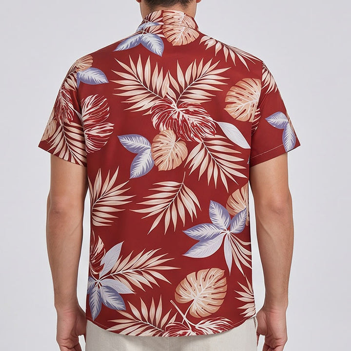 Chemise à manches courtes pour homme, imprimé feuilles tropicales rouges éclatantes, idéale pour les fêtes - image 3