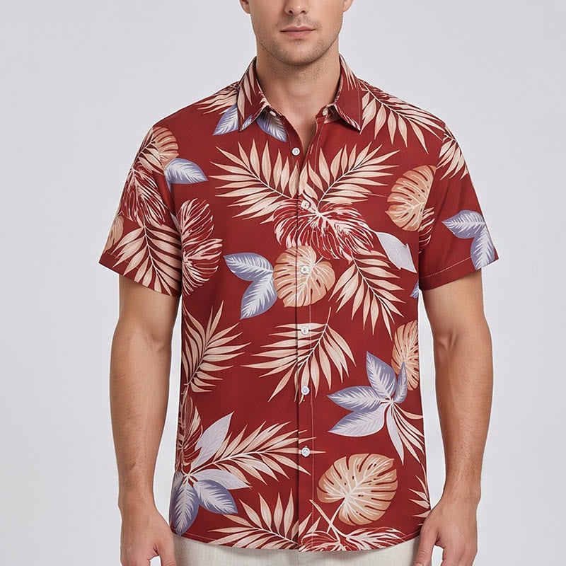 Chemise à manches courtes pour homme, imprimé feuilles tropicales rouges éclatantes, idéale pour les fêtes - image 1