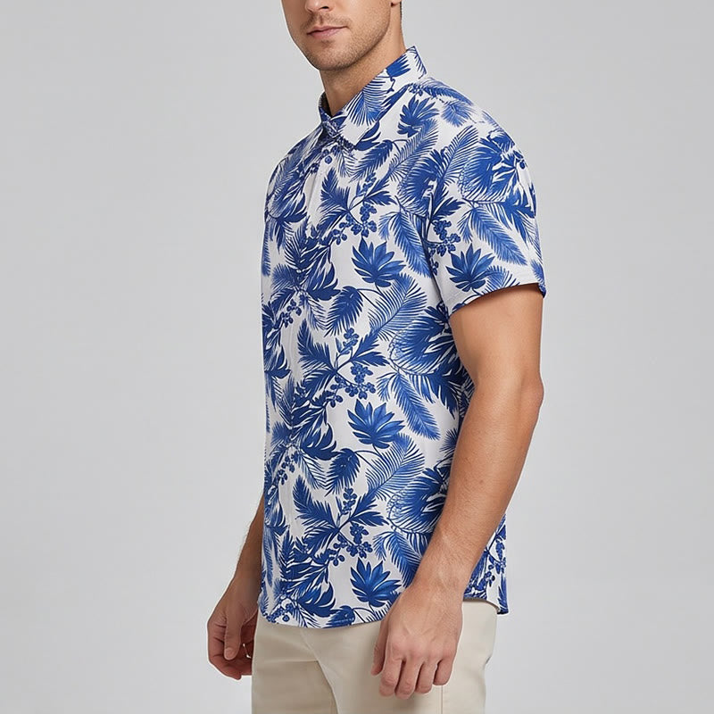 Chemise à manches courtes pour homme, style hawaïen, imprimé feuilles bleues - image 2