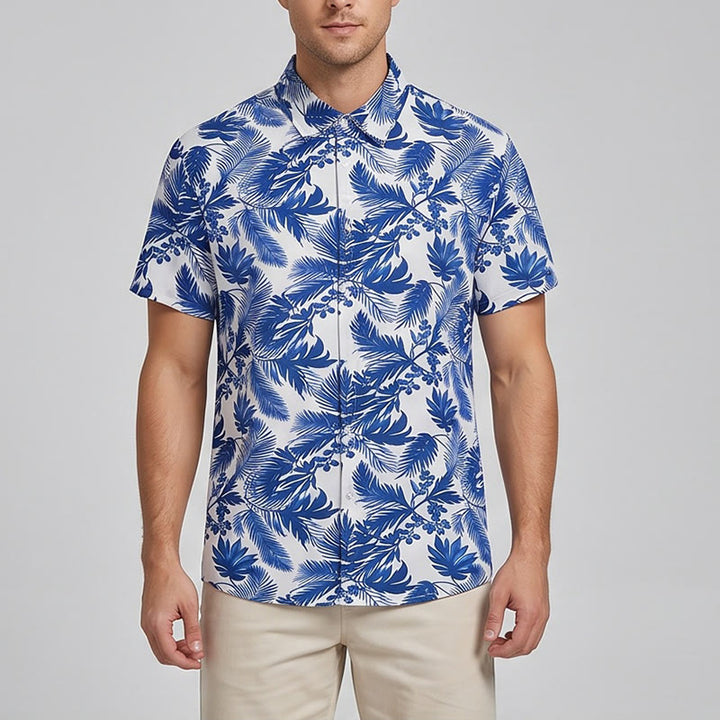 Chemise à manches courtes pour homme, style hawaïen, imprimé feuilles bleues - image 1