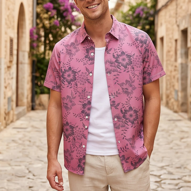 Chemise décontractée à manches courtes pour homme, imprimé floral, idéale pour les fêtes - Rose - 5XL - image 4