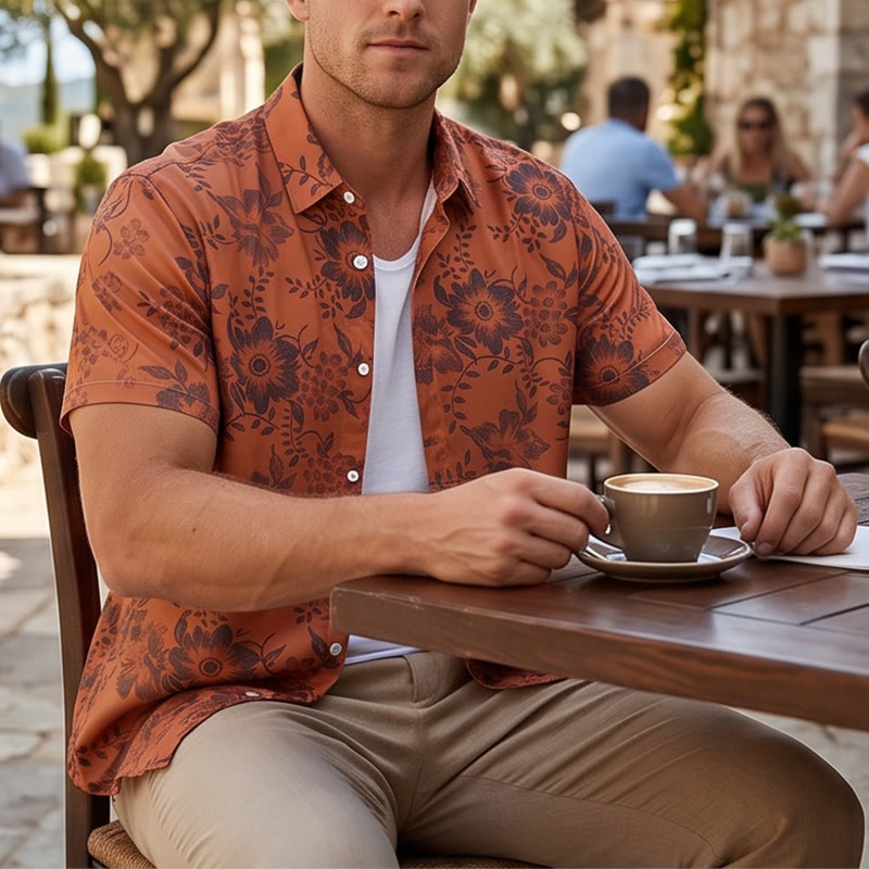 Chemise décontractée à manches courtes pour homme, imprimé floral, idéale pour les fêtes - Orange - 5XL - image 0