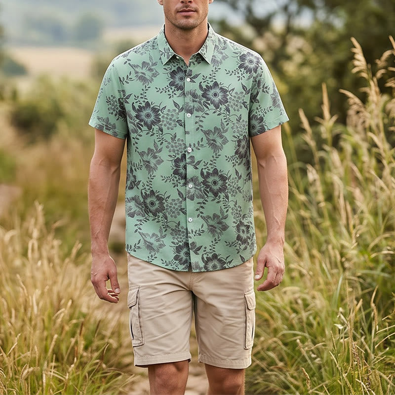 Chemise décontractée à manches courtes pour homme, imprimé floral, idéale pour les fêtes - Vert - 5XL - image 6