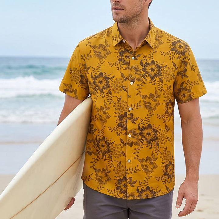 Chemise décontractée à manches courtes pour homme, imprimé floral, idéale pour les fêtes - Jaune - 5XL - image 5