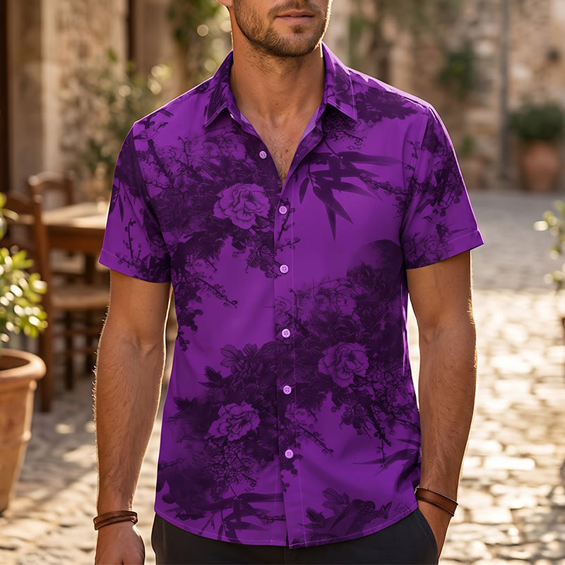 Chemise de vacances à manches courtes pour homme, imprimé floral foncé - Violet - 5XL - image 4