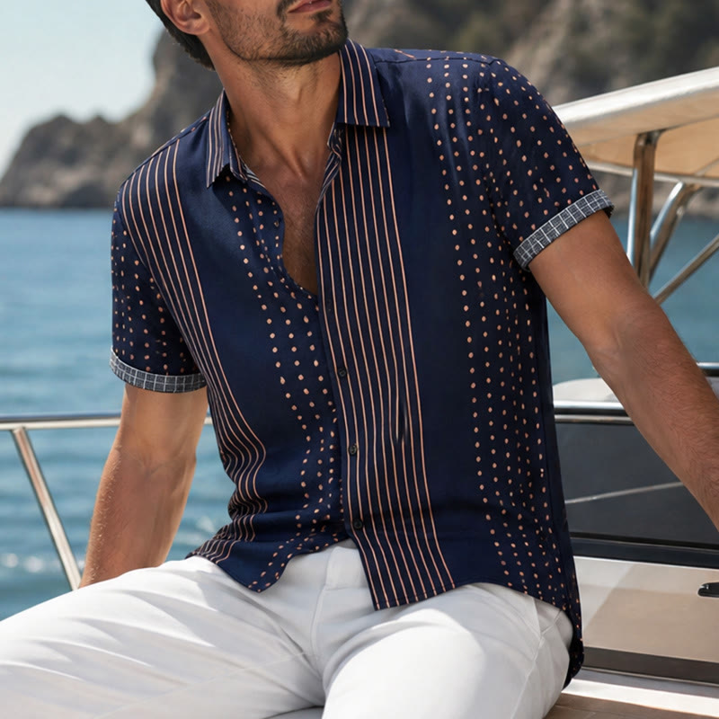 Chemise à manches courtes à rayures et à pois d'inspiration ethnique - Bleu marine - 5XL - image 4