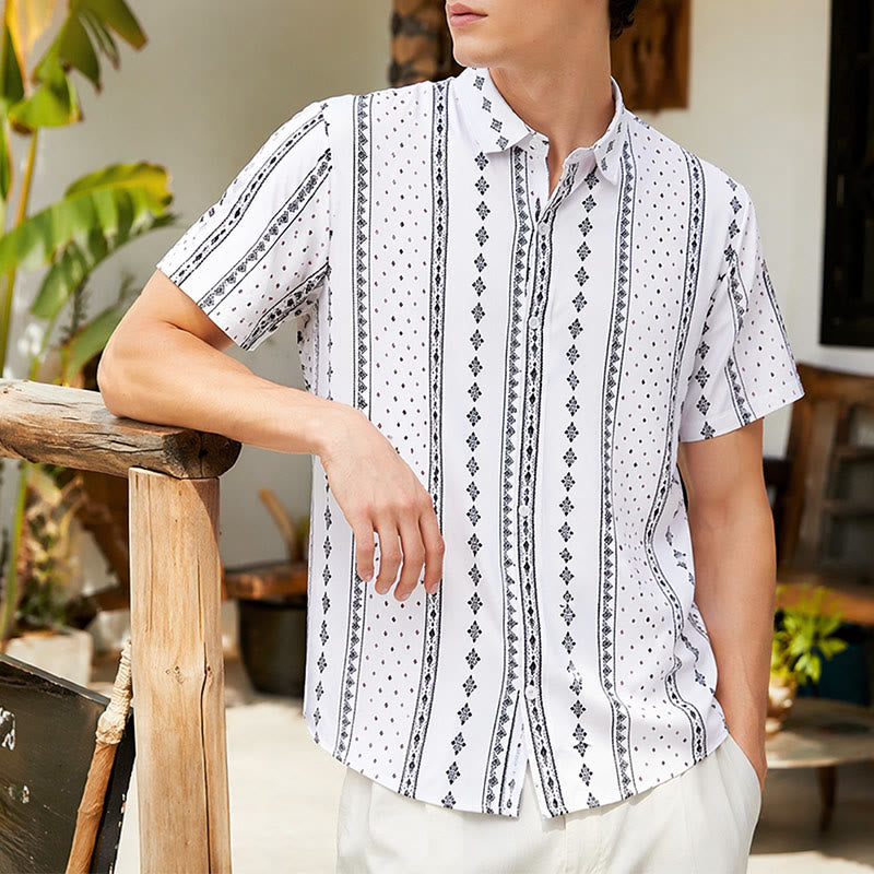 Chemise blanche à manches courtes à motif ethnique d'inspiration bohème - Blanc - 5XL - image 0