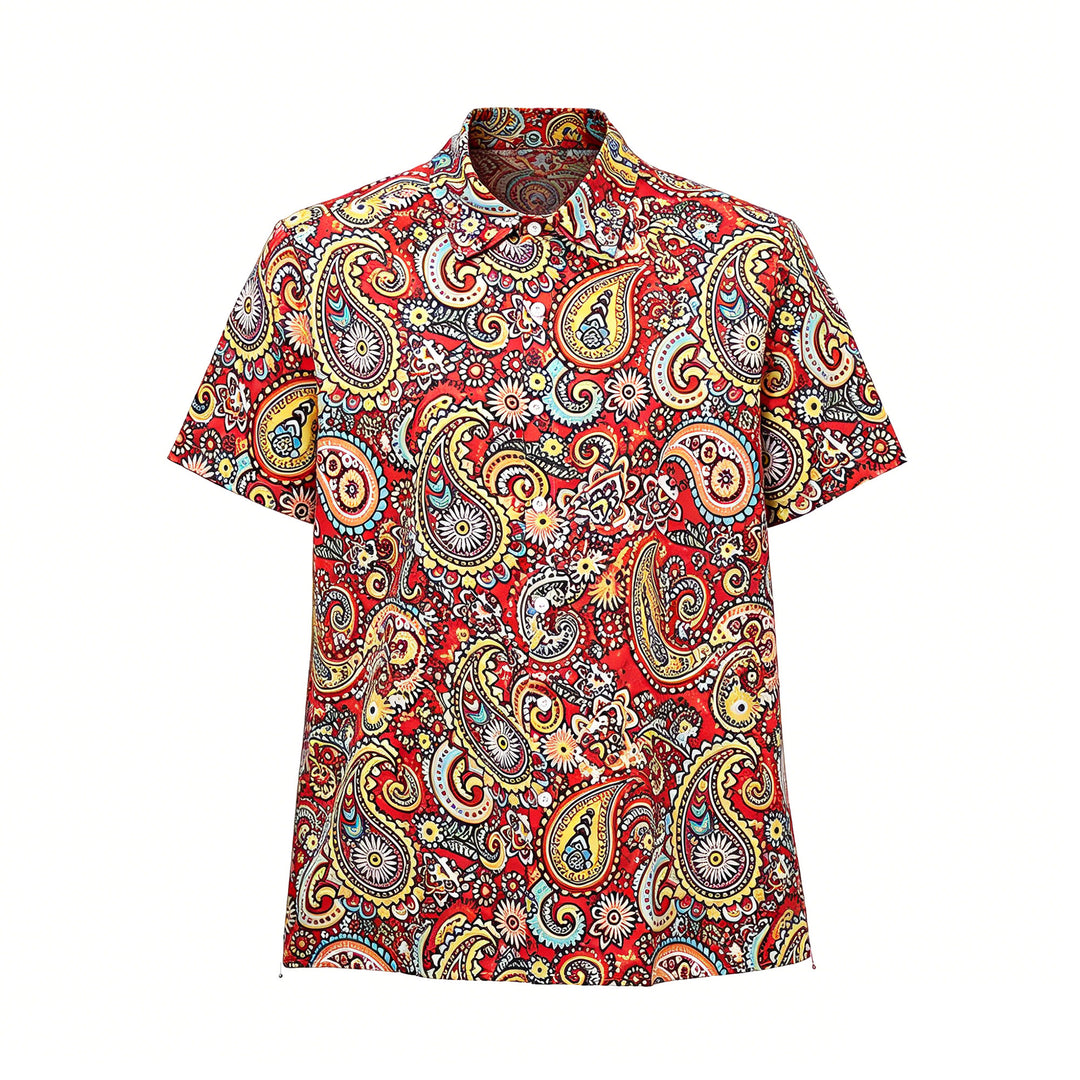 Chemise de camp à manches courtes à imprimé cachemire rouge funky - image 7