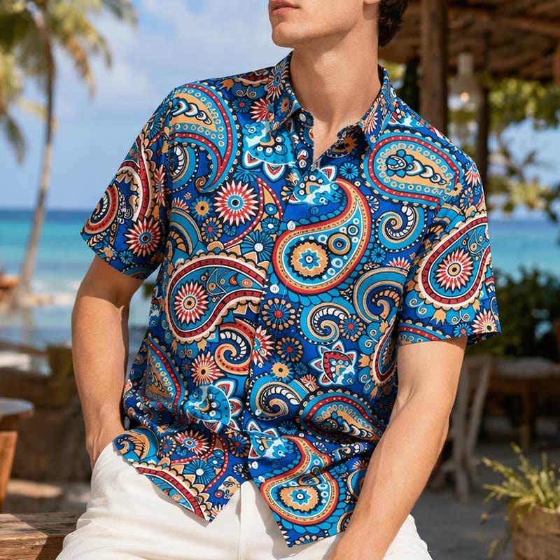 Chemise de vacances bohème turquoise à motif cachemire intégral - Sarcelle - 5XL - image 0