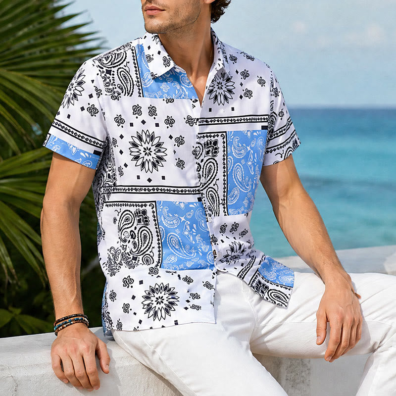 Chemise à imprimé cachemire patchwork bandana bleu et blanc - Bleu et blanc - 5XL - image 0