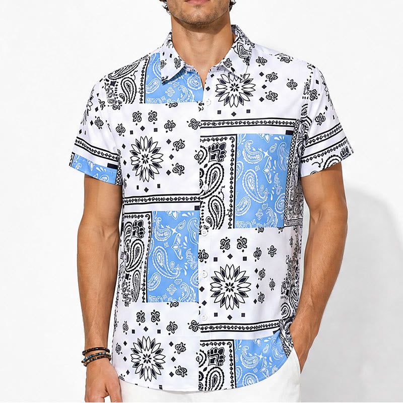 Chemise à imprimé cachemire patchwork bandana bleu et blanc - image 1