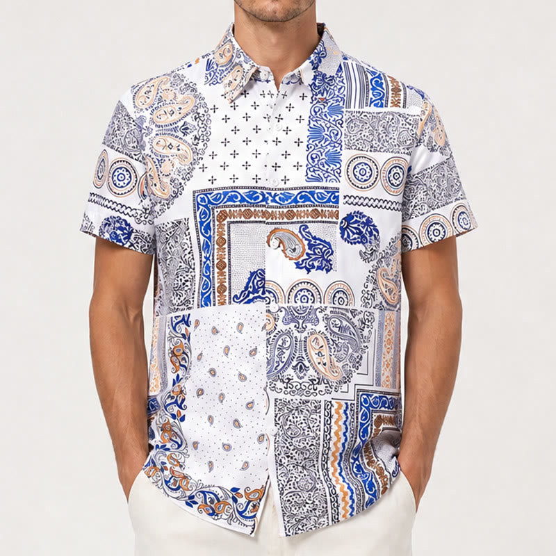 Chemise à imprimé patchwork géométrique et cachemire bleu et orange - image 1
